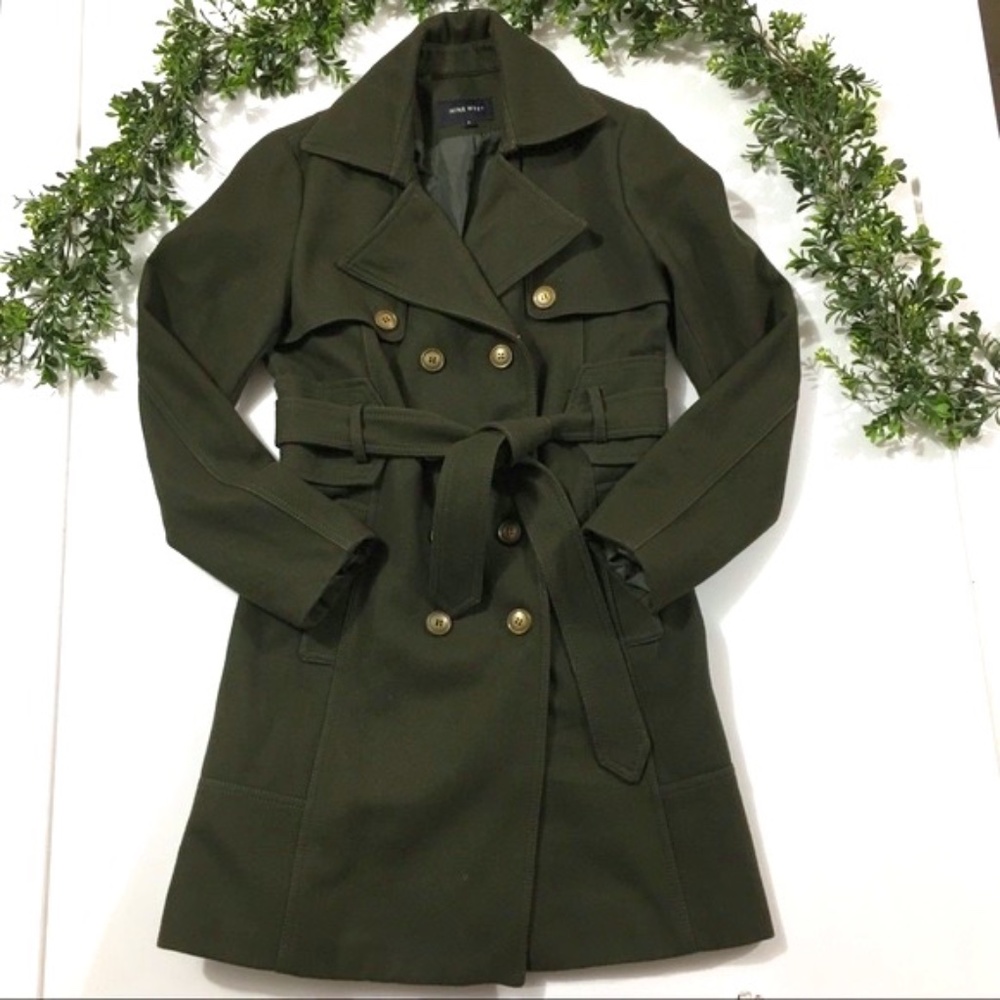 NINE WEST LODEN HUNTER OLIVE GREEN MILITARY DBL BREASTED WOOL TRENCH PEA COAT 6